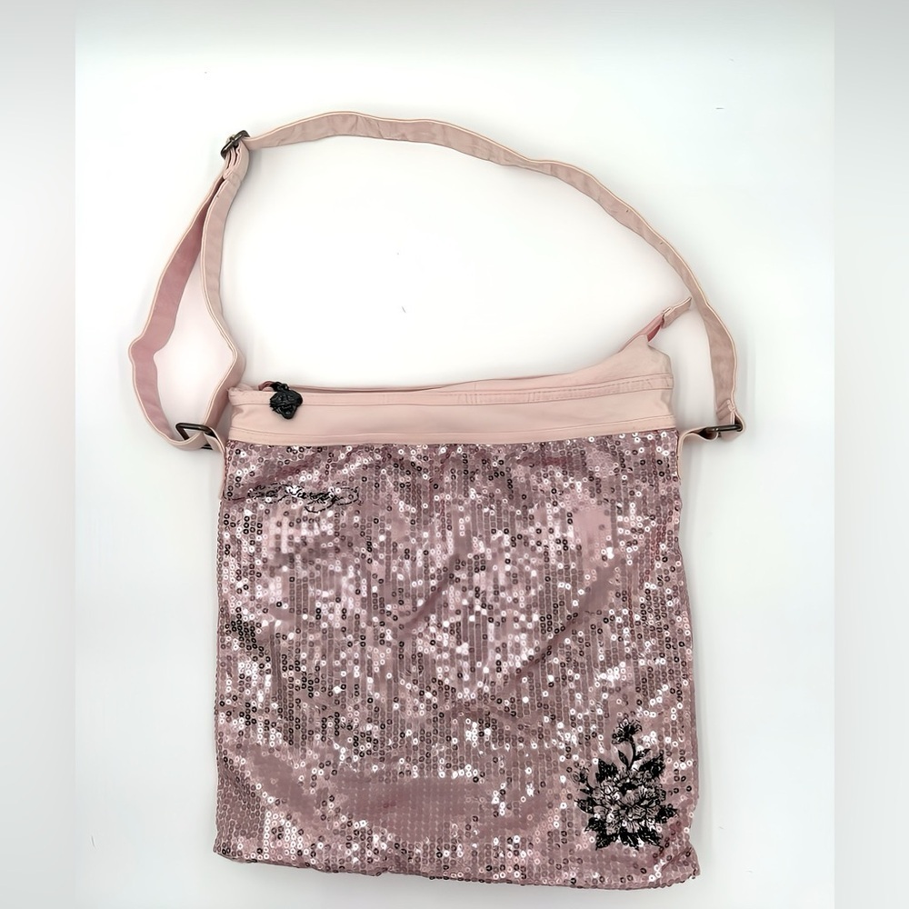 Ed Hardy Vintage Y2K Pink Sequin Rose Large Tattoo Crossbody Tote Bag Logo Purse